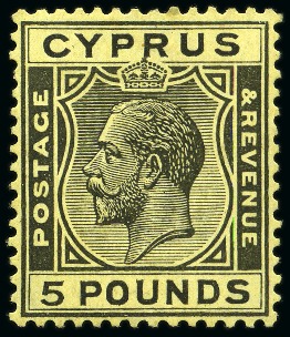 Stamp of Cyprus 1924-28 £5 Black on yellow mint og, very fine and 