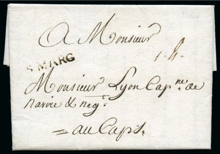 Stamp of Haiti 1764 Letter to Cape with "S MARC" postmark and rated 1 escalin