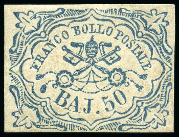 Stamp of Rarities of the World ITALIAN STATES - PAPAL STATES

1852 50 baj Blue,