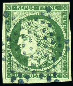 Stamp of France 1849 15c Cérès avec étoile en BLEU bien marquée, T