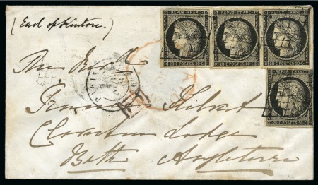 Stamp of France 1849 20c noir x4 (dont une paire) obl. grille sur 
