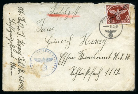 Stamp of Germany » Fieldpost WW II » Fieldpost WW II - Wehrmacht 1944 Agram Inselpost chestnut with black-blue overprint, rouletted, tied by FELDPOST "b" 14.2.45 cds on cover
