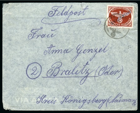 Stamp of Germany » Fieldpost WW II » Fieldpost WW II - Wehrmacht 1944 Agram Inselpost chestnut with light blue overprint, rouletted, tied by FELDPOST "b" 25.1.45 cds on cover