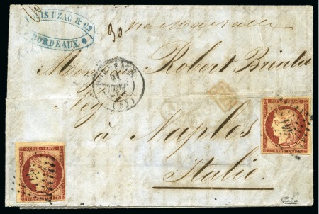 Stamp of France 1849 1F carmin x 2 (déf.) obl. PC sur lettre de Bo