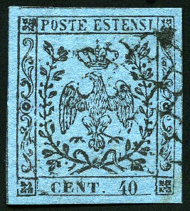 Stamp of Italian States » Modena 1852 40C Celeste used with grid cancel ('griglietta')
