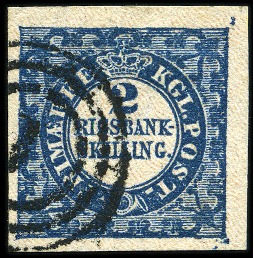 Stamp of Denmark » 2 Rigsbank Skilling 2Rbs Blue, Thiele Printing, plate II, N°52, type 2,