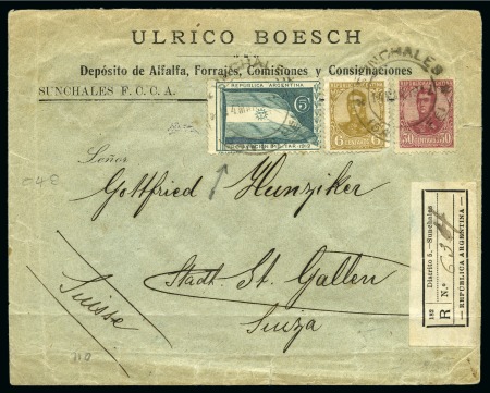 Stamp of Argentina 1912 (Mar 14) Commercial cover sent registered with 1912 5c "Pro Aviacion Militar" semi-official stamp