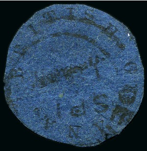 Stamp of British Guiana 1850-51 "Cottonreel" 12c indigo, cut round with frameline cut into, used