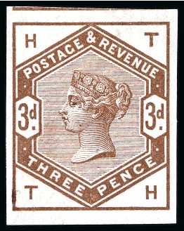 1883-84 Lilac & Green issue 3d colour trial in brown on white watermarked paper, imperf.