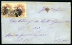 Stamp of Brazil 1850-66 60r Black together with pair of 1866 20r lilac centrally