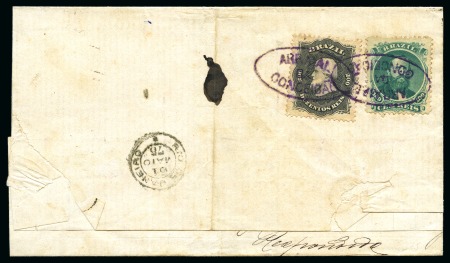 Stamp of Brazil 1866 100r Green and 200r black tied by oval ARRAIAL DA CONCEICAO on reverse of cover