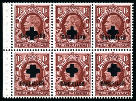 1934-36 Photogravure 1/2d, 1d and 1 1/2d set of three mint nh booklet panes (small format, upright wmk), punched and overprinted "CANCELLED" (type 33p)