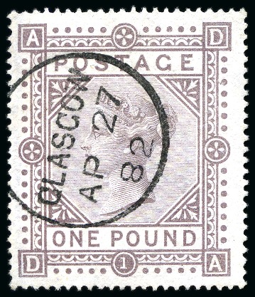 1867-83 Wmk MC £1 brown-lilac pl.1 with superb Glasgow cds