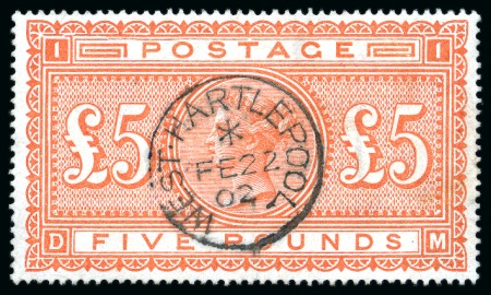 1867-83 £5 Orange on white paper, wmk Anchor, with crisp West Hartlepool cds