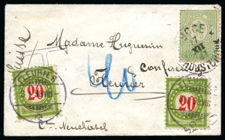 1898 Small-size envelope to Fleurier/Switzerland underpaid and taxed