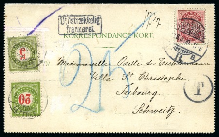 1901 Illustrated double-card from Copenhagen to Switzerland, underpaid and taxed