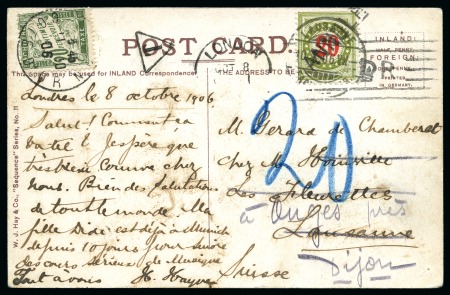 1906 Unfranked postcard to Lausanne/Switzerland, taxed