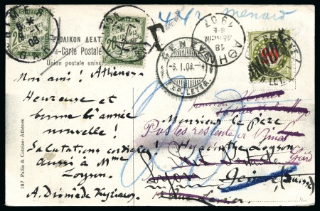 1908 Unfranked postcard to Geneva/Switzerland, taxed