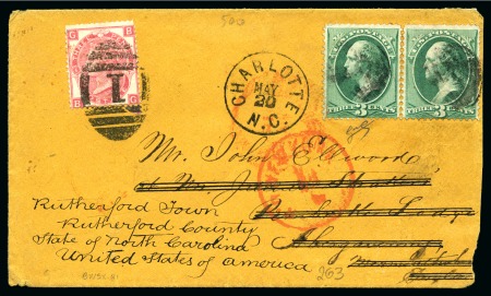 Stamp of United States 1871 Redirected cover from Charlotte NC, franked 3c green and GB 3d