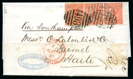 1874 (Jul 16) Entire to HAITI with 1873-80 4d vermilion strip of three