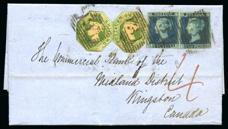 1852 (Oct 15) Entire from Edinburgh to Canada with two 1s green embossed cut-to-shape and 1841 2d blue pair