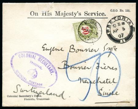 1907 OHMS envelope from Pretoria to Neuchatel/Switzerland,