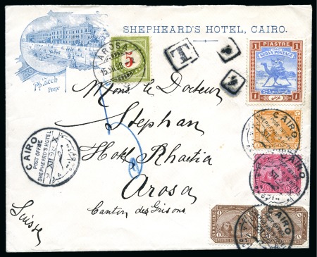 Stamp of Egypt » 1888-1906 New Currency 1898 Illustrated cover from Cairo to Arosa correctly franked by 10mills, wrongly taxed upon arrival with Swiss 1897 5c postage due
