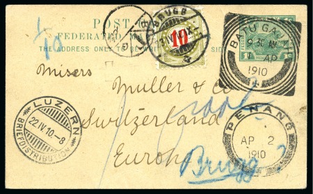 Stamp of Malaysia » Malaysian States » Penang 1910 1c Postal stationery card from Batu Gajah to Switzerland,