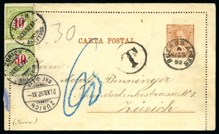 Stamp of Argentina » General issues 1892 Insufficiently franked 2c letter card from Buenos Aires to Zurich/Switzerland, underpaid by 10 centavos for the overseas rate