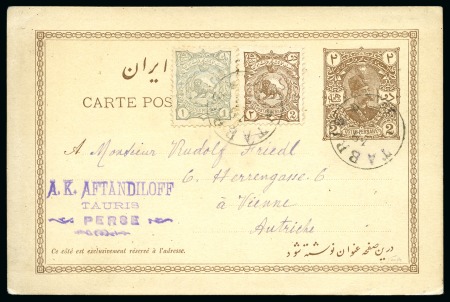 Stamp of Persia » Postal Stationery 1880 2 1/2sh postal stationery card from Teheran (indistinct cancel) to Belgium, plus 1896 2ch postal stationery card from Tabris to Austria