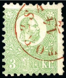 Stamp of Hungary 1871 Lithographed issue 3Kr green, used with red TORZSA