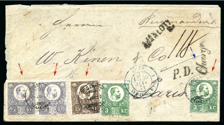 1871 Engraved issue 25Kr lilac (2) plus 3Kr green (2)