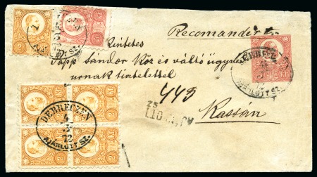 1871 Engraved 2Kr orange in block of four plus single