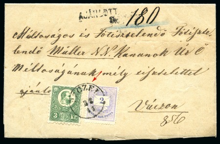 Stamp of Hungary 1871 Engraved 3Kr green and 10Kr blue (on reverse)