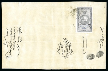 REVENUES: 2ch Grey receipt stamp tied to document by Lion & Sun cancel