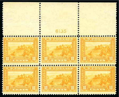 Stamp of United States 1913 Panama-Pacific Exposition 10c orange-yellow perf.12 top marginal "6135" plate block of six