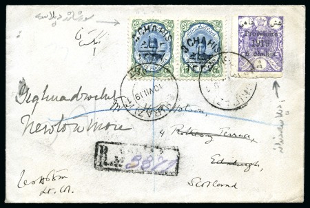 1919 (Jul 10) Envelope sent registered from Shiraz to Scotland  with 1919 "1337" 3ch on 12ch pair and 1919 Provisoire 6ch on 6ch