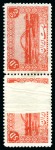 1942-46 5d Red-Orange in separated block of four, pair and vert. pair showing large oval printing void error
