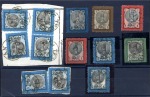 1879-80 Portrait issue group on a stockcard incl. 5kr with INVERTED BACKGROUND, neat cds, fine; and four 5kr on piece of waybill, etc.