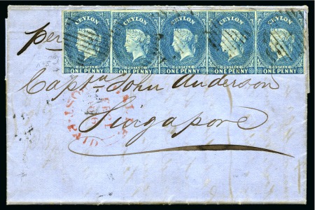 1862 (Feb 21) Entire from Galle to Singapore with 1857-59 1d blue strip of five (first stamp showing re-entry 5)