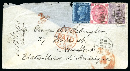 1861-71, Group of three covers incl. 1869 (18.1) envelope to New York franked GB 2d blue, 3d rose and 6d lilac