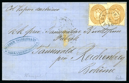 Stamp of Egypt » Austrian Post Offices 1866 (6.10) Folded cover to Bohemia, franked 1864 LV 15s brown, two singles neatly by ALEXANDRIEN cds