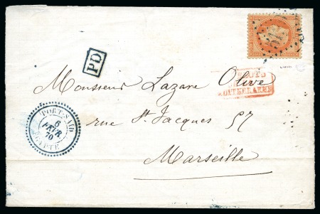 Stamp of Egypt » French Post Offices » Port Said 1870 (6.2) Folded cover to Marseille, franked Empire Lauré 40c tied blue black GC5129