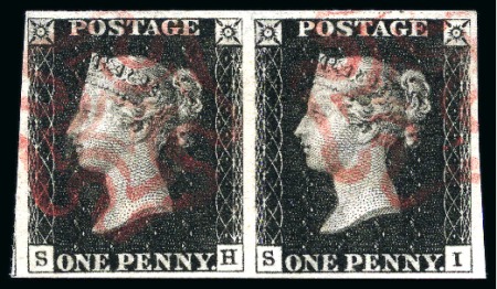 Stamp of Great Britain » 1840 1d Black and 1d Red plates 1a to 11 1840 1d Black pl.4 SH-SI used pair with fine to large margins