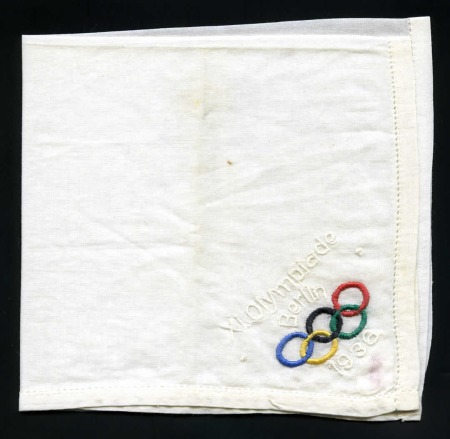 1936 Berlin: Handkerchief, 230x230mm, white cloth 