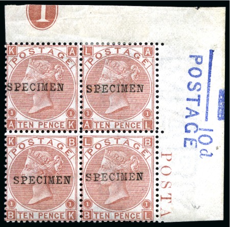 1867-80 10d Pale red brown top right corner marginal block of four with "SPECIMEN" type 9 overprint