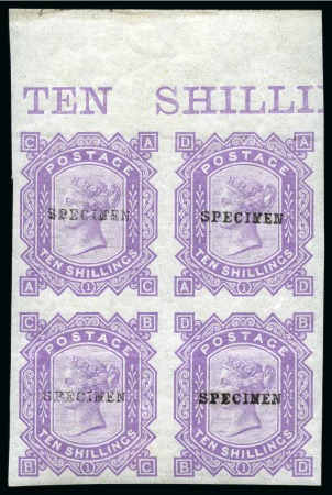 1867-83 10s Imperforate colour trial pl.1 in mauve with "SPECIMEN" type 9 overprint in mint og top marginal block of four