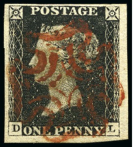 1840 1d Black pl.1b DL with WATERMARK INVERTED, good to huge margins, neatly cancelled by a red MC
