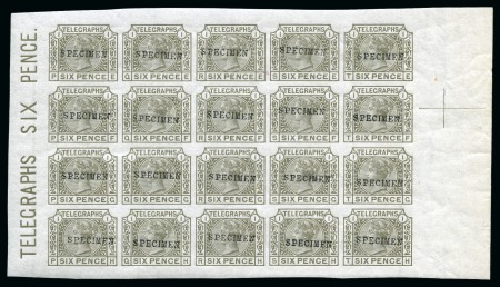 1877 6d Grey pl.1 PE-TH Superb mint nh imperforate pane of twenty with "SPECIMEN" type 9 overprint