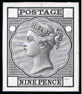 1867-80 9d De La Rue die proof in black on white glazed card with corner letters and plate numbers void, cut down to stamp size